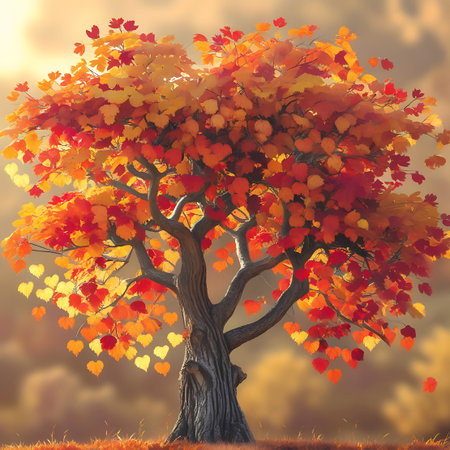 A solitary tree stands in a field, its branches laden with heart-shaped leaves in vibrant shades of orange, red, and yellow. The warm sunlight filters through the foliage, creating a soft, glowing effect and a bokeh background. The ground is covered in fallen leaves, suggesting the beauty of autumn.の素材