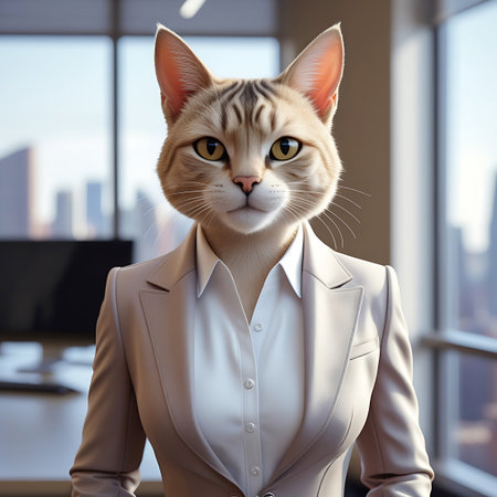 A portrait of an anthropomorphic cat wearing a beige business suit and a white shirt. The cat has a tabby pattern and is looking directly at the viewer with a serious expression. The background shows a blurred office environment with large windows offering a view of a cityscape.の素材