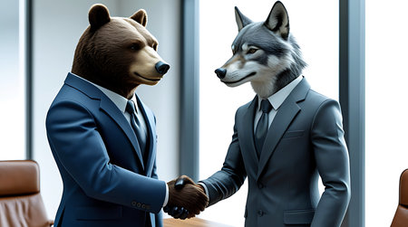 A bear and a wolf, both anthropomorphically depicted wearing dark business suits and ties, are engaged in a handshake across a wooden table. They are in a well-lit office meeting room with large windows in the background and leather chairs visible. The scene suggests a business agreement or partnership.の素材