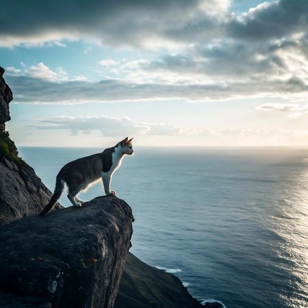 A cat stands alert on the edge of a steep cliff, gazing out at the expansive ocean. The rising sun casts a golden light on the water and clouds, creating a dramatic and serene scene. The image captures a moment of solitary contemplation against a grand natural backdrop.の素材