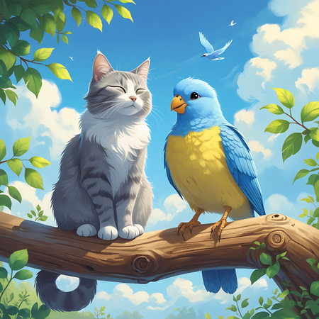 A gray and white cat with eyes closed sits on a textured tree branch, appearing relaxed. Next to it, a colorful blue and yellow bird is perched. The scene is set against a bright blue sky with scattered clouds, framed by green leaves. A small white bird is depicted flying in the distance, adding a dynamic element to the peaceful composition.の素材