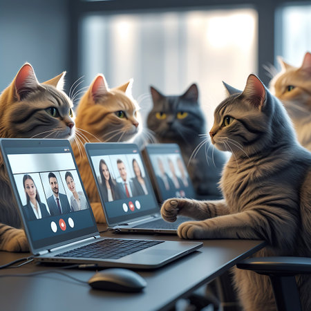 Several domestic cats are gathered around a table, looking intently at laptops displaying video conference calls. The cats, including tabby, orange, and grey breeds, are positioned in front of open laptops. The screens show human faces in business attire, suggesting an online meeting. The cats appear engaged and curious, with one cat reaching a paw towards a laptop. The setting is an indoor office environment with a blurred background.の素材