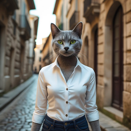 A gray cat with striking green eyes is presented with its head superimposed on a human body dressed in a crisp white collared shirt and blue jeans. The figure walks down a narrow cobblestone street in an old European town, with textured stone buildings on either side. The image blends animal and human characteristics in a surreal and stylish manner.の素材