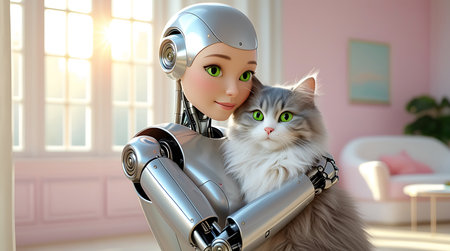 This close-up shot focuses on a humanoid robot with a sleek metallic and white exterior, tenderly embracing a fluffy grey cat. The cat's bright green eyes are prominent, mirroring the robot's own luminous green eyes. The robot's articulated fingers are visible, holding the animal securely. The background is softly blurred, hinting at a sunlit room with pink decor, emphasizing the intimate interaction between the artificial being and the pet.の素材