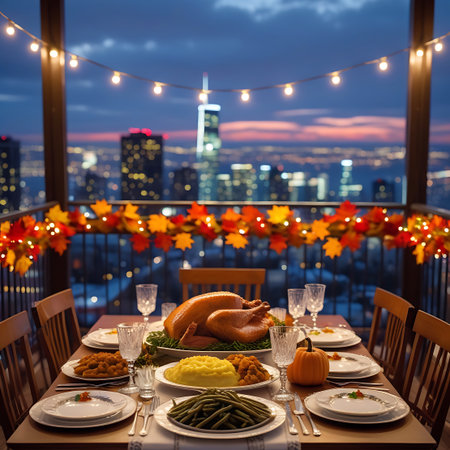 A Thanksgiving dinner table is set on a city balcony overlooking a sprawling cityscape at dusk. String lights and autumn leaf garlands adorn the railing. The table features a roasted turkey, side dishes, plates, glasses, and cutlery, all illuminated by the city lights and the fading twilight sky.の素材