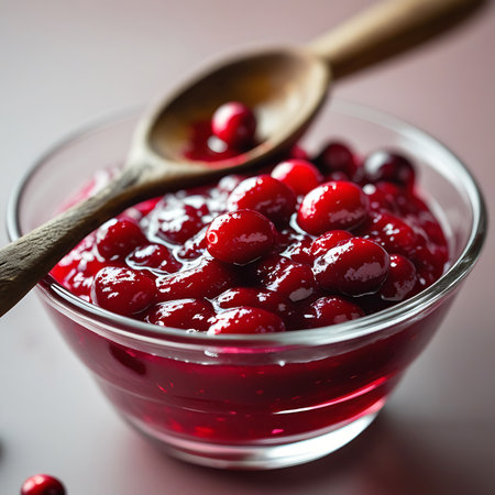 A close-up view of a glass bowl filled with vibrant red cranberry sauce. A rustic wooden spoon rests on top, partially submerged in the glistening sauce. Several whole cranberries are visible throughout the mixture, adding texture and visual appeal. The lighting highlights the glossy surface of the sauce and the details of the berries.の素材