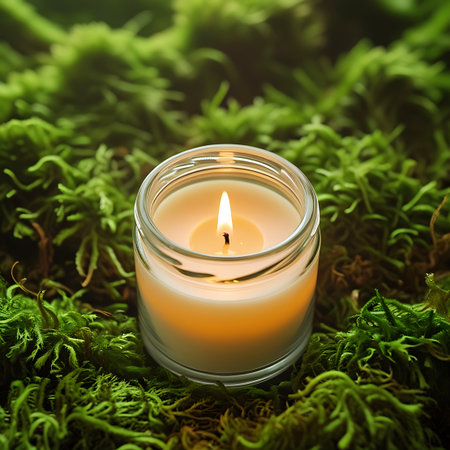 This image features a close-up view of a lit candle in a clear glass jar. The candle's flame provides a warm, golden light. It is placed on a dense bed of green moss, highlighting the intricate textures and organic forms of the natural ground cover. The scene evokes a sense of calm and connection with nature.の素材