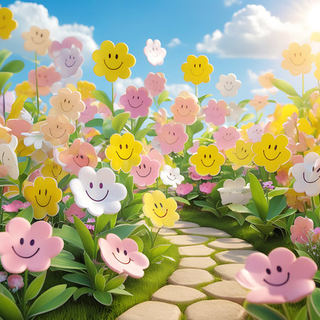 A whimsical garden scene filled with numerous colorful flowers, each featuring a smiling face. The flowers, in shades of yellow, pink, and white, are interspersed with lush green foliage and grass. A winding path made of light-colored stepping stones leads through the garden under a bright blue sky with fluffy white clouds.の素材