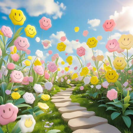 A whimsical garden scene filled with numerous colorful flowers, each featuring a smiling face. The flowers, in shades of yellow, pink, and white, are interspersed with lush green foliage and grass. A winding path made of light-colored stepping stones leads through the garden under a bright blue sky with fluffy white clouds.の素材