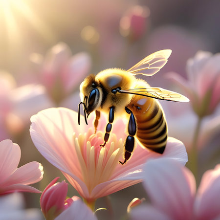 This macro photograph captures a honeybee in exquisite detail as it rests on a light pink flower. The bee's intricate features, including its segmented body, fuzzy texture, and delicate wings, are sharply in focus. The flower's petals are soft and translucent, catching the warm sunlight that bathes the scene. The background is a gentle blur of pink and gold, emphasizing the subject.の素材