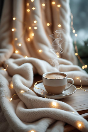 A close-up shot captures a delicate ceramic cup filled with a steaming hot beverage, likely coffee or tea. Wisps of steam rise gracefully from the surface. The cup sits on a saucer, nestled within the soft folds of a plush, cream-colored blanket. Twinkling fairy lights are draped around the blanket, casting a warm, diffused glow and creating a cozy, inviting atmosphere.の素材