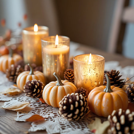 A close-up shot of a charming autumn table decoration. Three lit candles in textured glass holders cast a warm glow, interspersed with an assortment of miniature pumpkins and pinecones. Dried leaves and a delicate lace doily add to the seasonal ambiance on the wooden surface.の素材