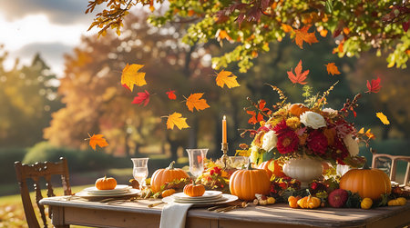 A detailed view of a Thanksgiving table setting, featuring several pumpkins and a colorful floral arrangement as the centerpiece. Autumn leaves are scattered across the table and in the air, creating a festive atmosphere. The warm sunlight illuminates the scene, highlighting the harvest theme.の素材