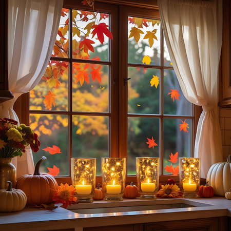 A warm and inviting autumn scene is set on a windowsill. Several orange pumpkins and gourds are placed around four lit candles in decorative glass jars. Outside the window, vibrant red, orange, and yellow autumn leaves are visible, with some appearing to fall. Cream-colored curtains frame the window, enhancing the cozy atmosphere.の素材