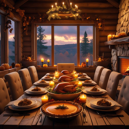 A long wooden table is set for a Thanksgiving feast in a rustic log cabin. The table is laden with plates, cutlery, lit candles, and festive decorations including pumpkins and pinecones. Two roasted turkeys and a pumpkin pie are the centerpieces. Through the large windows, a scenic mountain landscape is visible at sunset, with a warm glow from a stone fireplace on the right.の素材