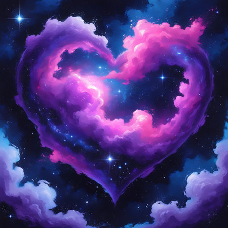A luminous heart-shaped nebula is depicted against a dark, star-filled night sky. The nebula is composed of swirling clouds in vivid shades of pink and purple, with a bright, glowing center. Smaller, scattered stars and wisps of blue and white clouds add depth to the cosmic scene.の素材