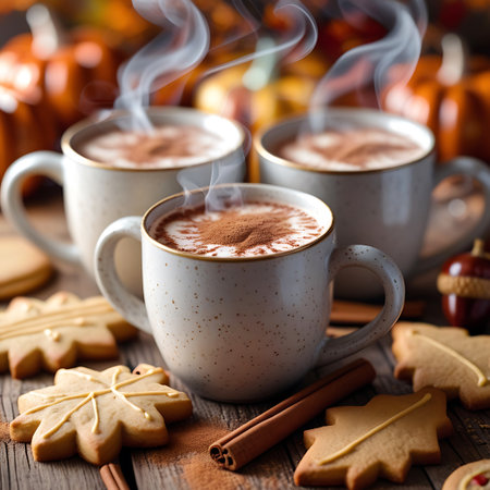Three mugs of steaming hot chocolate are arranged on a rustic wooden surface. The drinks are topped with whipped cream and a dusting of cocoa powder. Surrounding the mugs are various fall-themed cookies, including leaf and snowflake shapes, along with cinnamon sticks. The background is softly blurred with autumnal colors, evoking a sense of warmth and comfort.の素材
