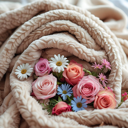 A top-down view of a soft, cream-colored fluffy blanket arranged in a spiral. The center is filled with a vibrant bouquet of pink and orange roses, white daisies, and small blue and pink flowers, adding pops of color to the textured fabric.の素材