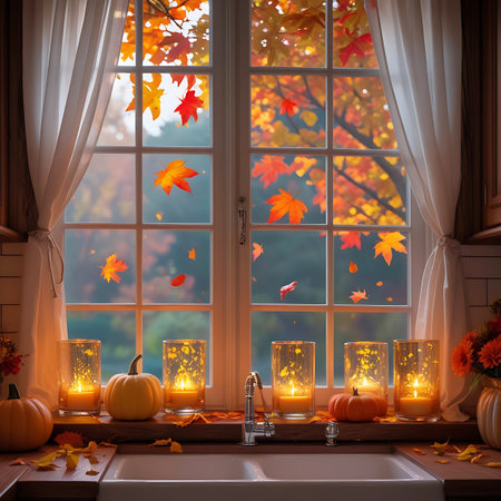 A cozy autumn scene viewed through a kitchen window. Outside, colorful fall leaves are falling from trees. Inside, on the windowsill above the sink, are several glass candle holders with glowing candles, two small pumpkins, and a gourd. Curtains frame the window, and a few fallen leaves are scattered on the countertop.の素材
