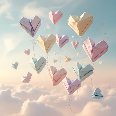 A gentle scattering of origami hearts in soft pastel shades of pink, purple, green, and yellow are shown ascending into a sky filled with fluffy, white clouds. The hearts are crafted from paper and appear delicate, with thin strings attached. The lighting is soft and warm, creating a dreamy and ethereal atmosphere. The scene is peaceful and evokes a sense of gentle movement.の素材