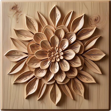 A close-up view of an elaborate wood carving depicting a blooming flower. The petals are intricately carved with fine lines, creating a sense of depth and movement. The carving is set against a natural wood panel, where the visible wood grain adds a rustic and organic texture to the overall artwork.の素材