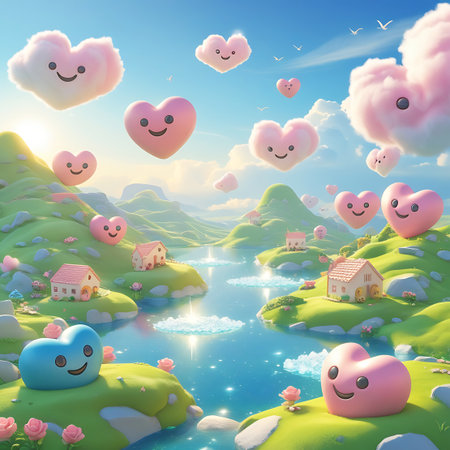 A vibrant and dreamy landscape features a sparkling river winding through rolling green hills. Adorable houses with smiling faces are nestled on the hillsides. Numerous heart-shaped clouds and figures, including a prominent blue heart, add to the whimsical and joyful atmosphere under a bright sky.の素材