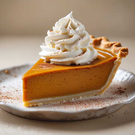 A detailed view of a slice of pumpkin pie, showcasing its golden crust and smooth, vibrant orange filling. A generous swirl of whipped cream is piled on top, dusted with cinnamon. The pie is presented on a white, textured plate, with cinnamon powder scattered around. The background is softly out of focus, emphasizing the dessert.の素材