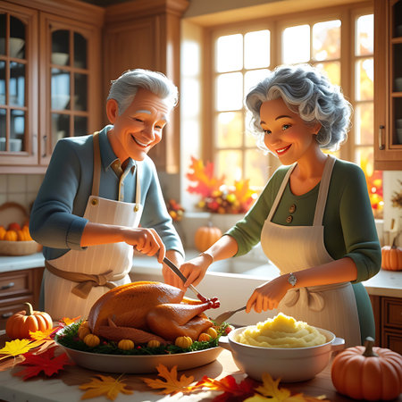 An elderly couple, a man and a woman, are happily carving a roasted Thanksgiving turkey in a warm and inviting kitchen. They are both wearing aprons and smiling as they prepare the festive meal. The turkey is presented on a platter adorned with small pumpkins and colorful fall leaves. A bowl of mashed potatoes sits nearby, and pumpkins and autumn leaves are scattered around the countertop, enhancing the autumnal and celebratory atmosphere.の素材