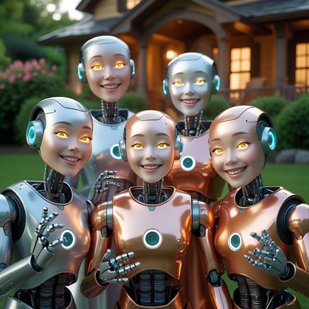 Five humanoid robots with metallic silver and copper bodies and glowing yellow eyes are arranged in a group outdoors. They are smiling and appear to be interacting. The setting is a green lawn with a house and trees in the background, suggesting a domestic or suburban environment. Some robots have blue circular accents on their heads.の素材