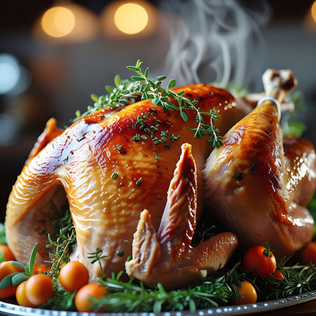 A succulent, golden-brown roasted turkey is the focal point, decorated with fresh green herbs and small red fruits, possibly cherry tomatoes or cranberries. The bird is glistening, and steam is visible, indicating it's freshly cooked. The background has soft, out-of-focus lights, contributing to a warm and celebratory mood.の素材