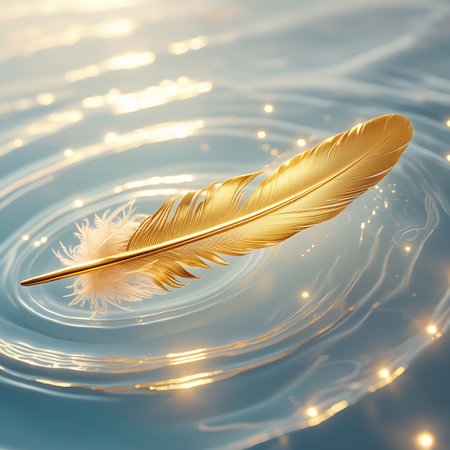 A single, finely detailed golden feather lies on the surface of calm, rippling water. The water's surface is alive with shimmering light reflections and small, bright highlights, creating a sense of depth and gentle movement. The composition is minimalist and evokes a feeling of peace and refined beauty.の素材