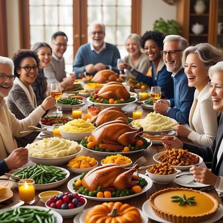 Autumn showing diverse family and friends enjoying a bountiful thanksgiving feast keywords: thanksgiving, family gathering, friends, feast, holiday meal, dinner table, roasted turkey, mashed potatoes, green beans, cranberry sauce, pumpkin pie, autumn harvest, celebration, joy, happiness, togetherness, sharing, food, cuisine, home, dining, multi-generational, diverse people, smiling, laughing, toasting, candles, warm lighting, abundance, delicious food, traditional food, seasonal food,...の素材