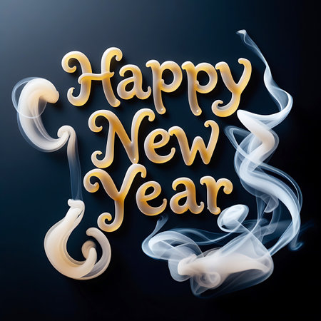 The phrase "Happy New Year" is rendered in a beautiful, golden-yellow script font with a subtle glow. The letters are intricately designed, appearing almost three-dimensional. Surrounding and intertwining with the text are delicate, swirling wisps of white smoke or vapor, illuminated from within, giving them a soft, luminous quality. The dark background provides a strong contrast, making the golden text and the glowing smoke the central focus. The image conveys a sense of elegance, magic,...の素材