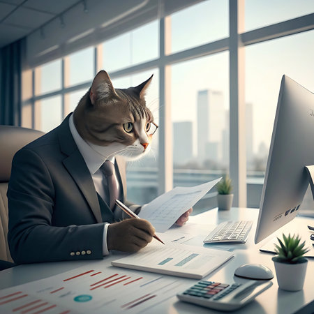 A cat wearing a grey suit, tie, and glasses is seated at an office desk, holding a pen and examining papers. A computer monitor, keyboard, mouse, and calculator are visible on the desk, along with documents displaying charts. The scene is set in a bright office with a city view through the windows.の素材