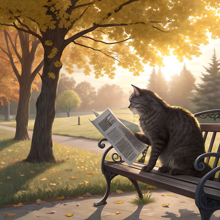 A grey tabby cat sits on a wooden park bench, holding and reading a newspaper. The scene is set in autumn, with golden sunlight filtering through yellow leaves of trees. Fallen leaves are scattered on the grass and the ground. The atmosphere is peaceful and serene.の素材