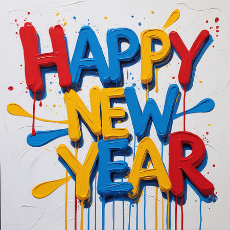 White showing happy new year bold colorful drip paint text on white background. High resolution image suitable for commercial use. Clear details and vibrant colors enhance visual appeal.の素材