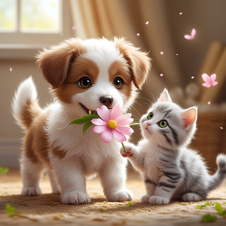 A fluffy brown and white puppy with big, expressive eyes holds a delicate pink flower in its mouth, offering it to a tiny grey tabby kitten. The kitten, with its bright green eyes, reaches out a paw towards the flower, its tail curled. Soft pink petals float in the air around them. The scene is set indoors with warm, diffused light coming from a window, creating a cozy and heartwarming atmosphere.の素材