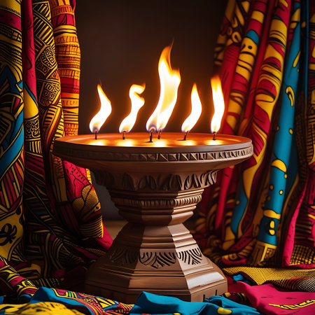 An ornate wooden candelabrum with intricate carvings holds five burning flames. The warm, flickering light illuminates the surrounding area, casting a dramatic glow. The candelabrum is draped with colorful, patterned fabric, creating a rich and evocative atmosphere. The scene suggests a sense of ceremony, ritual, or warm ambiance.の素材