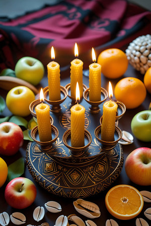 A still life composition featuring lit beeswax candles in an ornate golden candlestick. Surrounding the candlestick are various fruits including apples, oranges, and a banana, along with numerous cowrie shells. The arrangement is set against a dark, textured fabric with a patterned border. The warm glow of the candles illuminates the scene, highlighting the intricate details of the candlestick and the natural textures of the fruits and shells.の素材