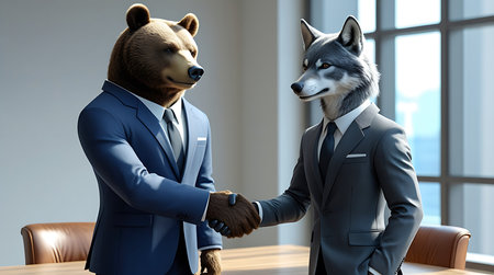 A bear and a wolf, both anthropomorphically depicted wearing dark business suits and ties, are engaged in a handshake across a wooden table. They are in a well-lit office meeting room with large windows in the background and leather chairs visible. The scene suggests a business agreement or partnership.の素材