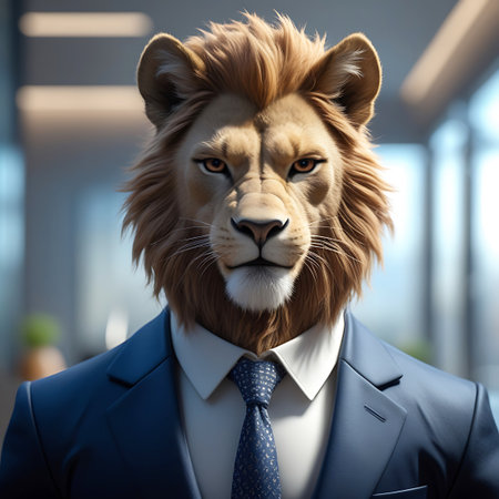 A close-up portrait of an anthropomorphic lion wearing a blue business suit, white shirt, and a blue patterned tie. The lion's face is the central focus, with its piercing eyes and impressive mane clearly visible. The background is a blurred modern office setting, with soft lighting that highlights the subject's features and conveys a sense of professionalism.の素材