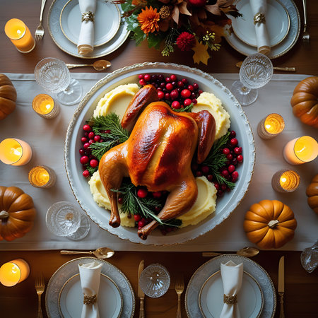 An overhead view of a beautifully set Thanksgiving dinner table. A perfectly roasted whole turkey with golden-brown crispy skin is the centerpiece, surrounded by creamy mashed potatoes and fresh cranberries. Green sprigs of rosemary and pine branches add a touch of nature. Decorative pumpkins and glowing candles with warm light create a festive and inviting atmosphere. The table is set with elegant white plates with gold rims, gold napkin rings, silverware, and crystal glasses, suggesting a...の素材