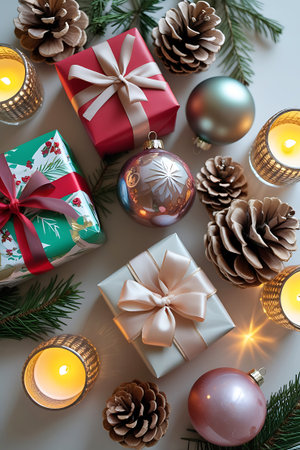 A festive arrangement of Christmas gifts, pinecones, and lit candles is viewed from above. Wrapped presents in red, green, and beige are adorned with ribbons. Pinecones and evergreen branches add a natural touch, while the warm glow of candles creates a cozy atmosphere. Christmas baubles in muted tones are scattered amongst the elements.の素材