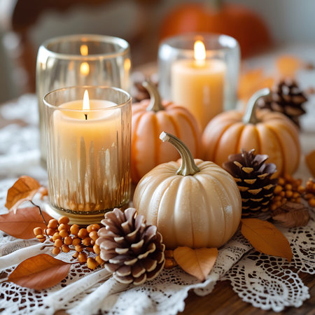 This image showcases a delightful fall table arrangement. Three candles in glass containers are lit, providing a soft illumination. They are surrounded by a collection of small pumpkins, including white and orange varieties, pinecones, and clusters of orange berries. Fallen leaves and a lace doily complete the festive scene on a wooden table.の素材