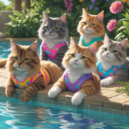 Five adorable, fluffy cats are lounging by the edge of a swimming pool. Each cat is wearing a colorful, patterned swimsuit. They are positioned on a wooden deck, with the blue water of the pool in the foreground and a backdrop of green plants and pink flowers. The cats look relaxed and stylish.の素材