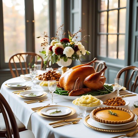 A festive Thanksgiving table is laden with a golden roasted turkey as the centerpiece, nestled on a bed of green beans. Surrounding the turkey are various side dishes, including mashed potatoes, stuffing, and a pumpkin pie. The table is set with white tablecloth, golden-rimmed plates, and cutlery, with wine glasses and a vibrant floral arrangement. The background shows a window with a view of an autumn landscape.の素材
