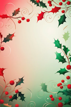 A decorative border featuring Christmas holly leaves and red berries. The design incorporates elegant swirls and vines, creating a festive and ornate frame. The background is a soft gradient of pink and green, evoking a holiday atmosphere.の素材