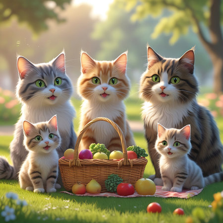 A delightful gathering of five charming kittens enjoying a picnic in a sunlit park. They are seated on a checkered blanket, with a woven basket filled with an assortment of fresh fruits and vegetables, including apples, tomatoes, broccoli, and grapes. The kittens, all with bright green eyes and happy, open-mouthed smiles, create a picture of pure joy and innocence. The background is a soft, natural setting with trees and dappled sunlight.の素材