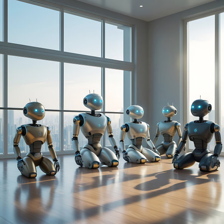 Five humanoid robots with distinct metallic finishes including gold, silver, bronze, and black are arranged in a kneeling posture on a gleaming wooden floor. They are positioned in a line, looking forward. Each robot has illuminated blue eyes and intricate mechanical details. Behind them, expansive windows reveal a hazy cityscape, bathed in natural light.の素材