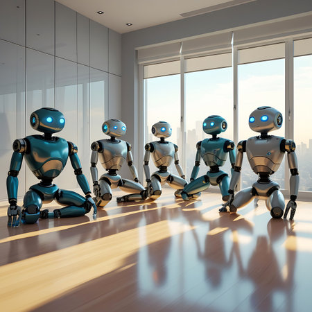 A group of five humanoid robots, varying in metallic colors including silver, teal, and green, are seated on a polished wooden floor. They are arranged in a staggered line, facing towards the viewer. Each robot has bright blue circular eyes and visible mechanical joints. Large windows behind them provide a bright, natural light source and a soft-focus view of an urban landscape.の素材